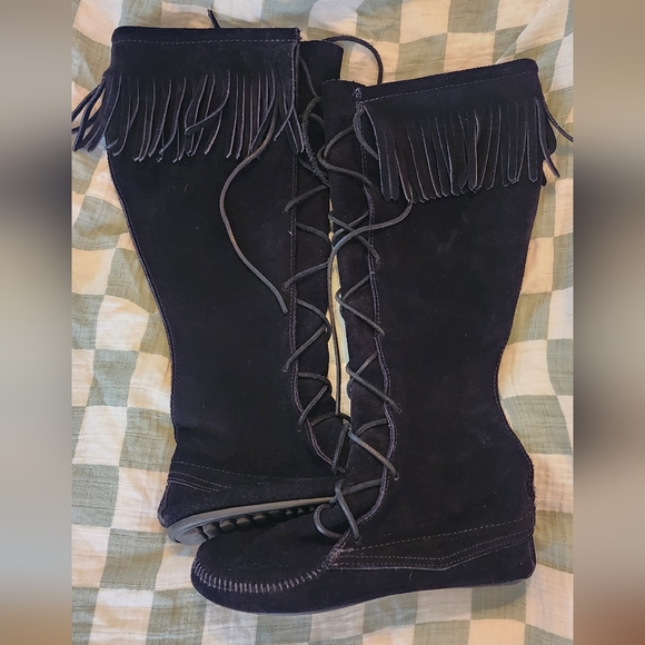 Minnetonka Moccasin Black Fringe Knee-High Women's Boots Lace Up - Picture 11 of 11